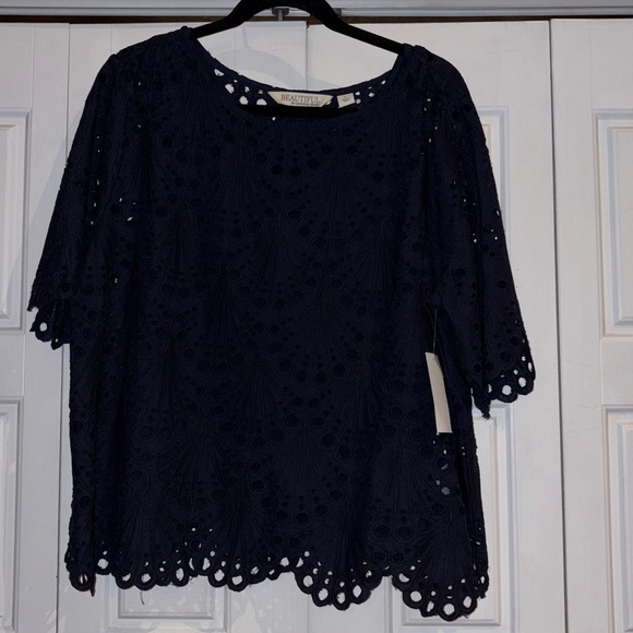 Beautiful by Lawrence Zorian Tops - Navy Blue Embroidered